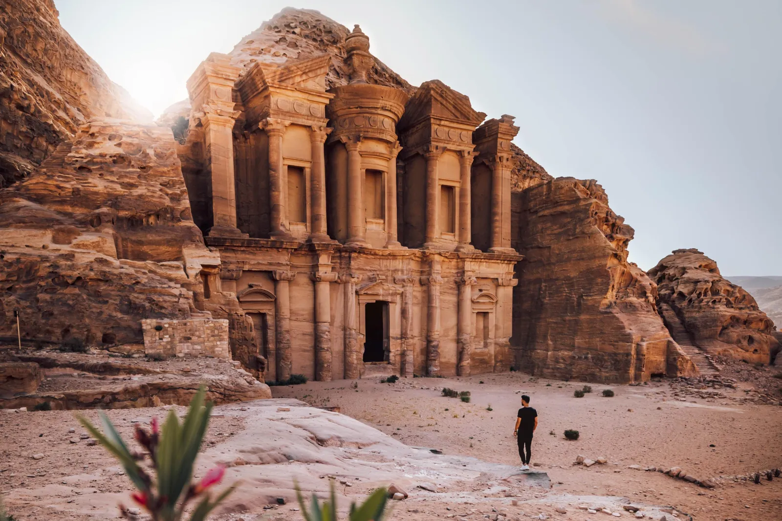 Low sun behind the Monastery (Ad-Deir) at the top of Petra's rock stair