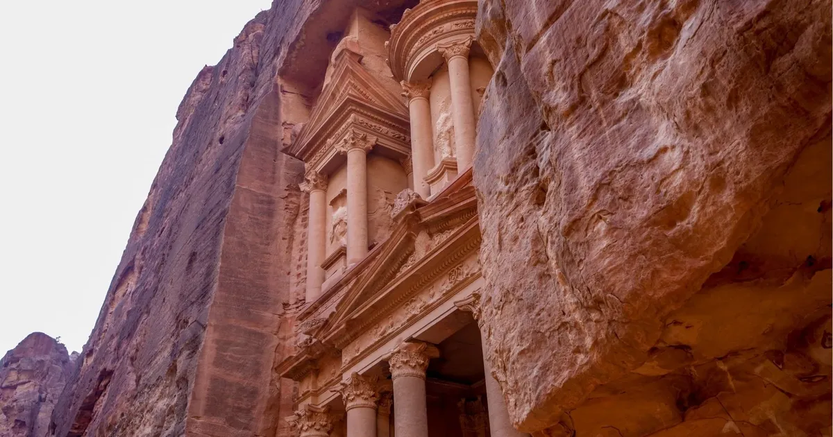 The Treasury at Petra seen from the end of the Siq, a short walk from lower Wadi Musa
